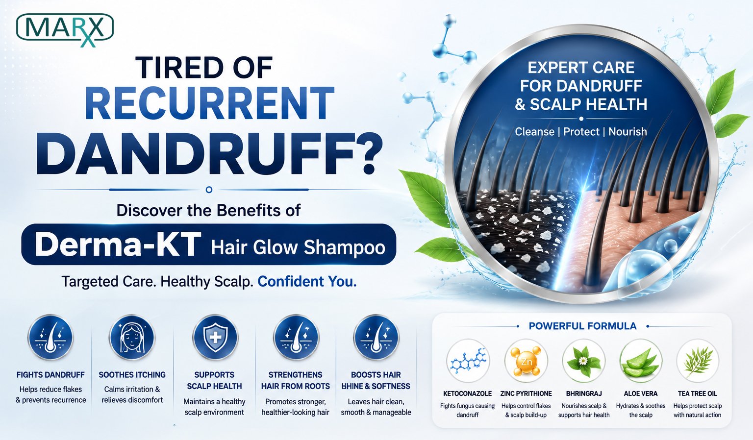 Tired of Recurrent Dandruff Benefits of Derma-KT Hair Glow Shampoo